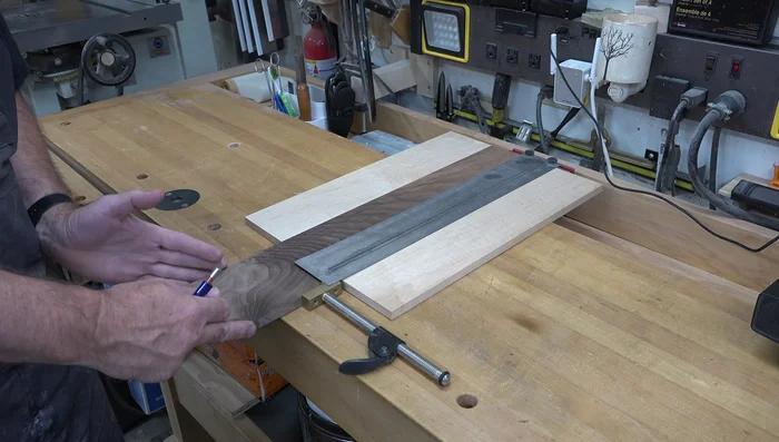 Layout and Cut: Mark the dimensions for the pizza peel (14 inches long, 13 inches wide, handle included). Use a beam compass to create the curved shapes for the handle and the end of the peel.