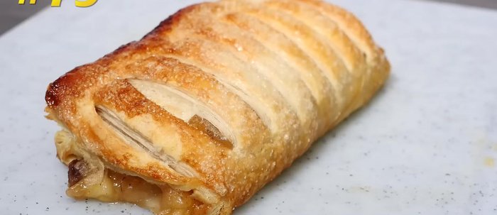 Slice puff pastry, apple strudel, croissants, chocolate eclair, cinnamon swirls, jam tart, apple frangipan, cherry bakewell, and marzipan.