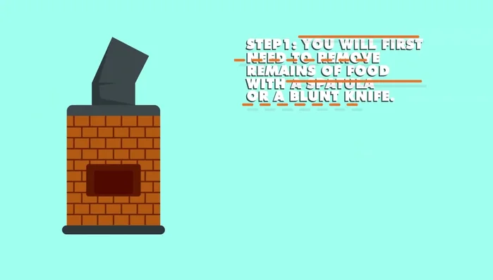 Remove food remnants with a spatula or blunt knife. Be gentle to avoid scratching the surface. A toothbrush can be used for extra care.