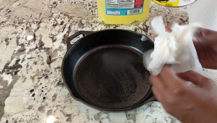 Oiled cast iron skillet, ready to cook