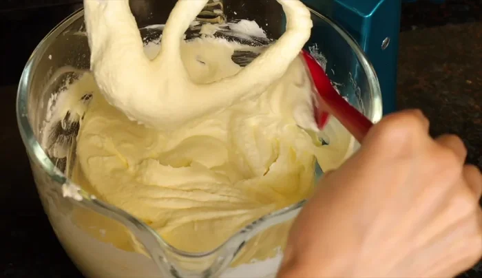 Cream cheese pound cake batter, unmixed ingredients