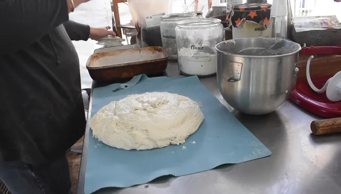 Sticky pizza dough, ready to be portioned.