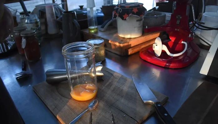 Egg yolks and immersion blender for mayonnaise.