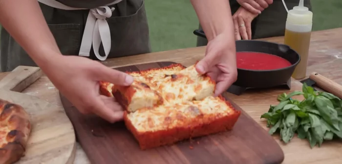 Add cheese, then bake at a lower temperature and slower than Neapolitan, rotating as needed until crust is golden brown and cheese is caramelized.