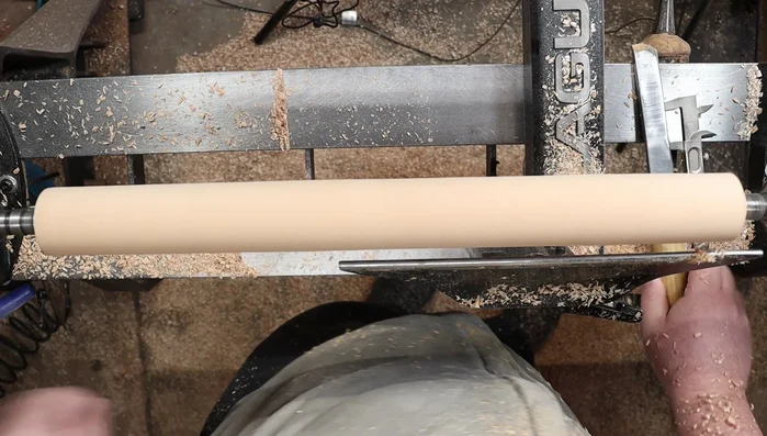 Create tenons at each end using a skew chisel and peeling cuts, ensuring consistent diameter (approx. 1 inch).