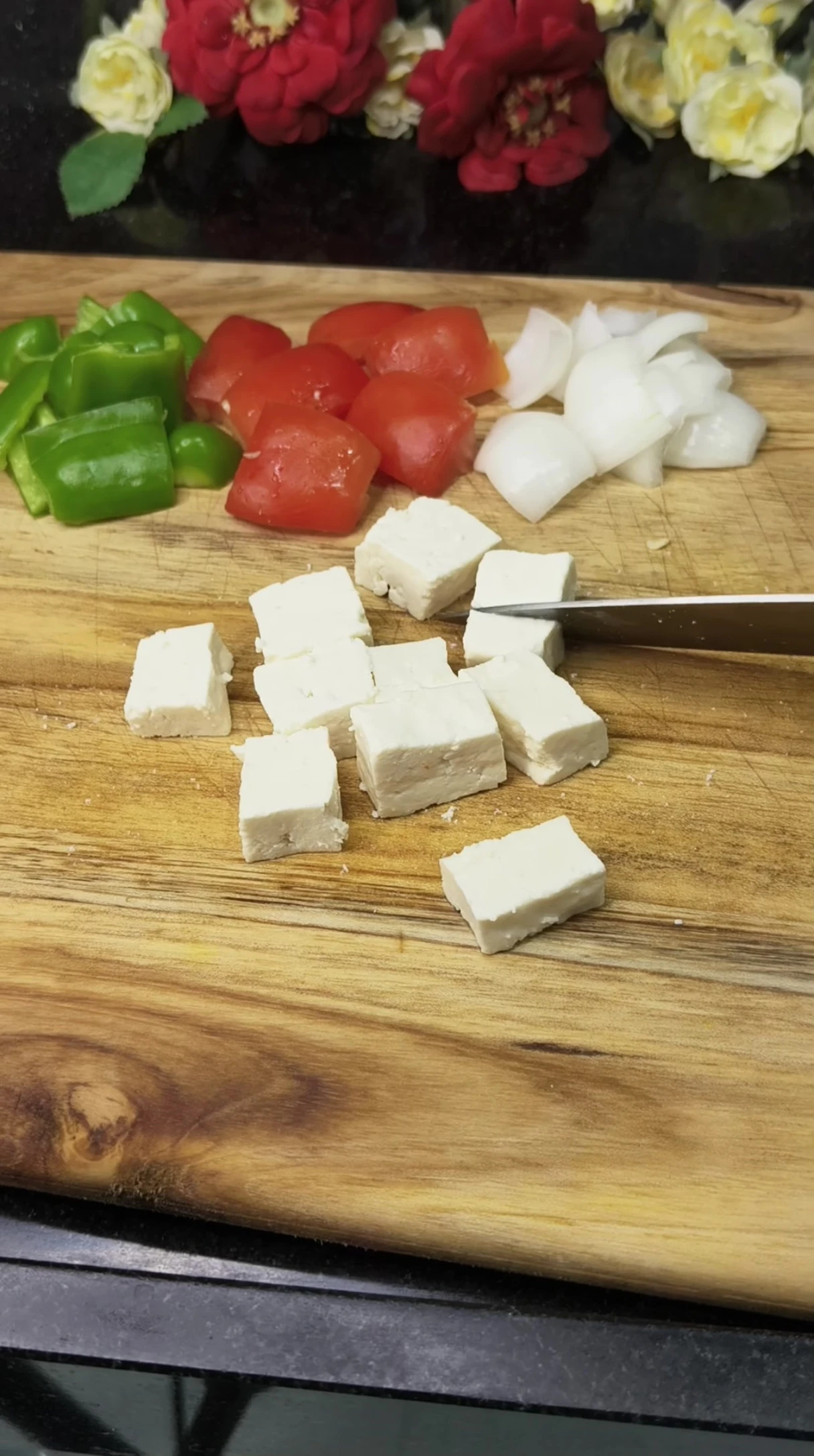 Chopped vegetables for pizza toppings.
