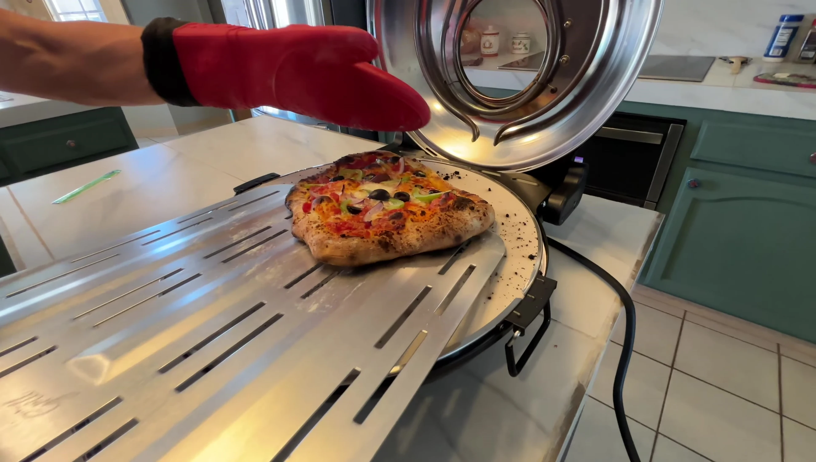 Finished pizza from the oven.